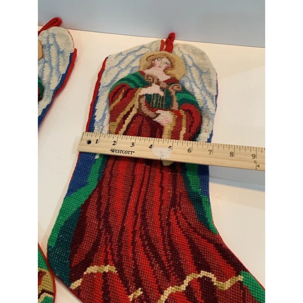 Vtg Needlepoint Christmas Stockings Red Velvet Angel Handmade Set 2 Christmas